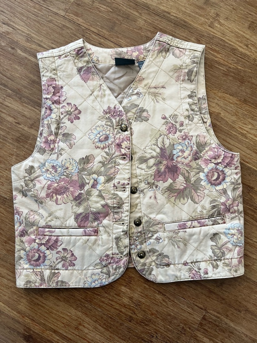 Vintage Liz Wear Floral Quilted Vest Cottagecore Button Front Cream Pastel, Sz S